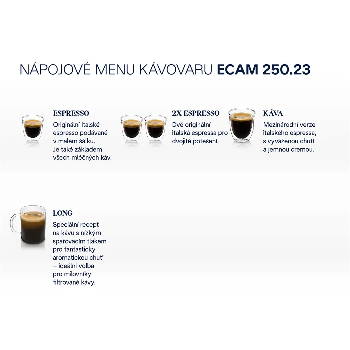 De'Longhi Magnifica nápojové menu