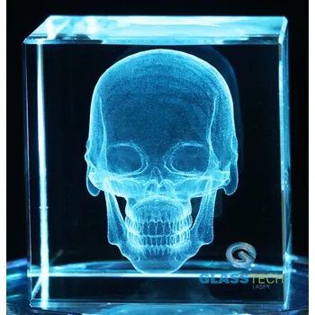 3D LEBKA v krychli 80 mm (Laserovaný 3D objekt v křišťálové krychli 80 mm - lebka)