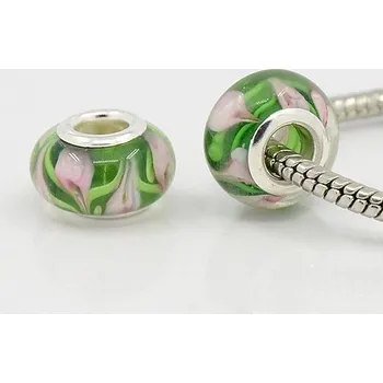 Korálek Korálek skleněný BoX zelený s růžovými květy - TOPBEADS