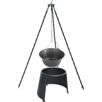Kempingové nádobí Souprava trojnožka 1,25 m + litinový kotlík 16 litrů a závětří 40 (trojnožka a gulášový litinový kotlík 16 l s chráničem plamene 40 - bezpečně v přírodě )