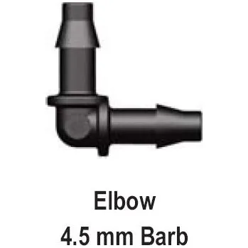 Fitinka Koleno 4,5 mm pro mikrohadičku 4x7 mm. (Koleno 4,5 mm pro mikrohadičku 4x7 mm. Použití pro spojení mikrohadičky 4x7 mm. Tlak 0 až 3,5 baru. )