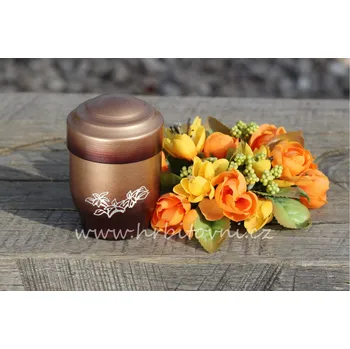 Smuteční dekorace Urna hliníková mini hnědá s kytkou Z (Pohřební urna)