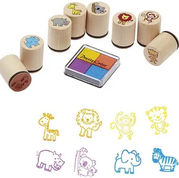 Dětské razítko Goki razítka dřevěná Zvířátka + poduška v dóze 8 ks