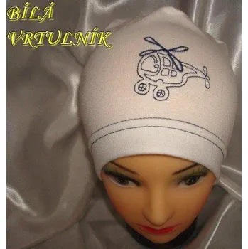 Čepice Betty Mode (ušito v ČR) Jarní/podzimní čepice bílá s vrtulníkem obvod 45-51, 52-56 cm