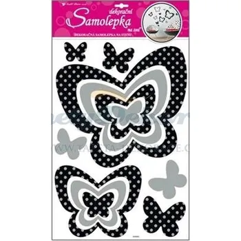 Samolepící dekorace Samolepící dekorace na zeď (60x32cm) Room Decor motýli se stříbrnými glitrovými puntíky 10010