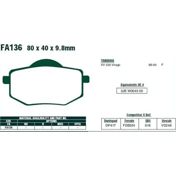Brzdový komplet EBC FA136 přední organické brzdové destičky na motorku YAMAHA XV 535 VIRAGO rok 88-94