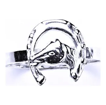 Prsten Stříbrný prsten, prstýnek s hlavou koně v podkově, kůň, T 9