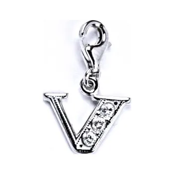 Přívěsek Stříbrný přívěšek na karabinku se zirkony písmenko V, P 1106