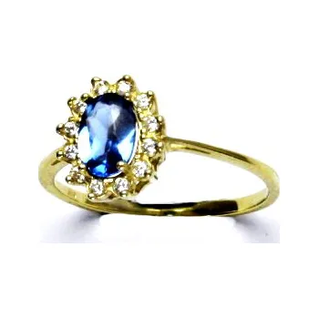 Prsten Zlatý prsten Kate, žluté i bílé zlato, syntetický akvamarin tmavý, čiré zirkony - T 1480
