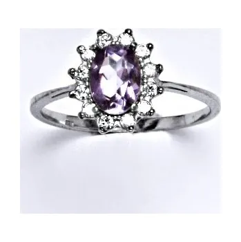 Drahý kámen Zlatý prsten Kate, přírodní ametyst světlý, čiré zirkony, bílé i žluté zlato - T 1480