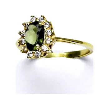 Drahý kámen Zlatý prsten Kate, žluté i bílé zlato, přírodní vltavín, čiré zirkony - T 1480