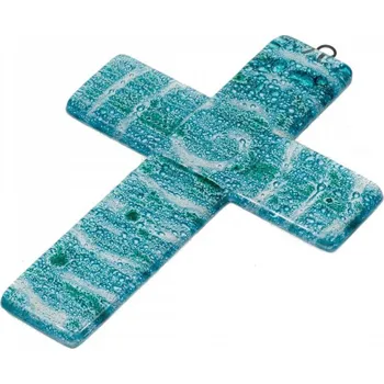 Svícen Skleněný kříž na stěnu tyrkysový malý - spirála