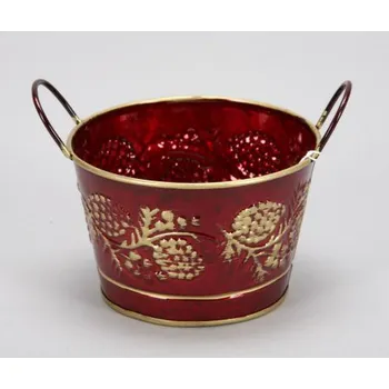 Obal na květináč Obal plechový tm. červený zlatý dekor 15*10,5 cm 7803-25