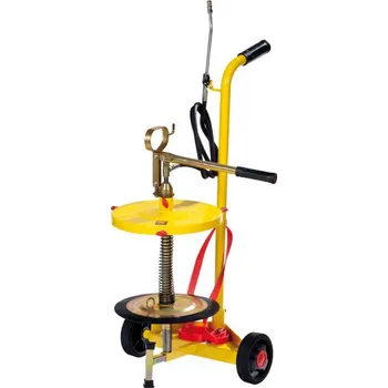 Ruční mazací lis pro sudy 16 - 30 kg ■ vozík na kolečkách (Ruční tukové čerpadlo, vhodné pro sudy 16 - 30 kg (Ø 260 - 320 mm), víko, stírací membrána, tlaková tuková hadice 2 m s výdejní kovovou koncovkou, vozík 2 kolečka... )