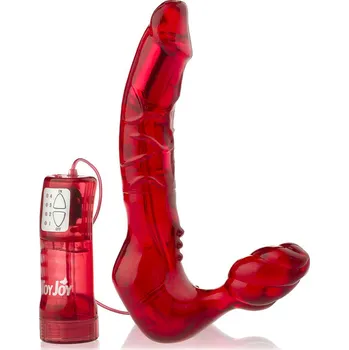 Připínací penis ČERVENÝ GELOVÝ DVOJITÝ STRAP-ON - BEZ PÁSŮ- S VIBRACEMI SSD 6009696
