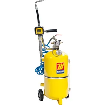 Pneumatická plnička oleje s nádobou 24 litrů, hadicí - 1306 (Pojízdná pneumatická plnička oleje (nádoba 24 l, výdejní dávkovací pistole s ohebnou koncovkou a kalibrovatelným průtokoměrem, spirálová hadice 3 m, stavoznak). Po naplnění olejem a natlakování