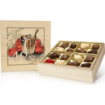 Bonboniéra Selllot, s.r.o., K Hájům 34, 155 00 Praha 5 - Vyrobeno v Belgii Narozeniny 40 let - belgické pralinky v dřevěné dóze 400 g