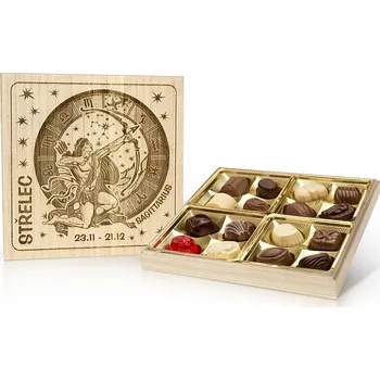 Bonboniéra Selllot, s.r.o., K Hájům 34, 155 00 Praha 5 - Vyrobeno v Belgii Střelec - Belgické pralinky v dřevěné dóze 200g