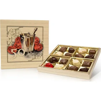 Bonboniéra Selllot, s.r.o., K Hájům 34, 155 00 Praha 5 - Vyrobeno v Belgii Narozeniny 50 let - belgické pralinky v dřevěné dóze 200 g