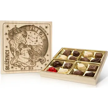 Bonboniéra Selllot, s.r.o., K Hájům 34, 155 00 Praha 5 - Vyrobeno v Belgii Blíženci - Belgické pralinky v dřevěné dóze 200g