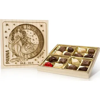 Bonboniéra Selllot, s.r.o., K Hájům 34, 155 00 Praha 5 - Vyrobeno v Belgii Panna - Belgické pralinky v dřevěné dóze 200g