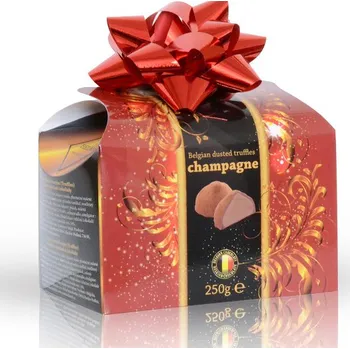 Bonboniéra Selllot, s.r.o., K Hájům 34, 155 00 Praha 5 - Vyrobeno v Belgii Belgické čokoládové lanýže s náplní champagne s mašlí 250 g