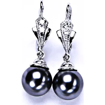 Náušnice stříbrné náušnice s umělou černo šedou perlou, patent, šperky, NK 1193/9