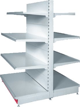 EU-Regály.cz Oboustranný regál do obchodu PN-77, výška 2,0m Výška: 2000mm, Délka police: 1000mm, Počet polic: 4, Hloubka regálu: 500mm, Typ rámu: oboustranný