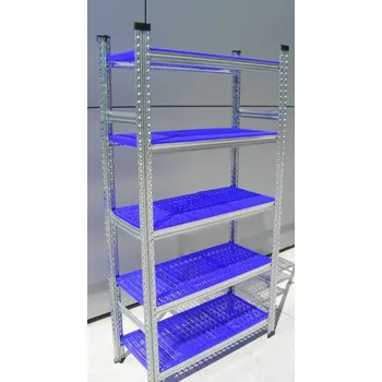 Dílenský regál EU-Regály.cz Skladový regál s plastovými policemi PN-59, výška 1,576m Výška: 1576mm, Hloubka: 400mm, Délka police: 900mm, Počet polic: 2, Materiál polic: Plastové police
