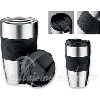 Termohrnek nerezový/plastový termohrnek s dvojitou stěnou a odklápěcím víčnem, černá