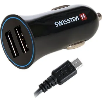 Zástrčka SWISSTEN s 2x USB výstupem 2,4 A, 12/24V s kabelem microUSB, 44056