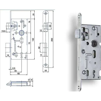 zadlabací zámek Zadlabací zámek obyčejný, 72/40/60, čelo 20/200, Hobes K 103 pravolevý Varianta: Zadlabací zámek obyčejný Hobes K 103 pravolevý, zinek žlutý