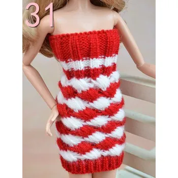 Pletené šaty/svetříky pro panenku Barbie Motiv: červeno-bílé šaty přiléhavé