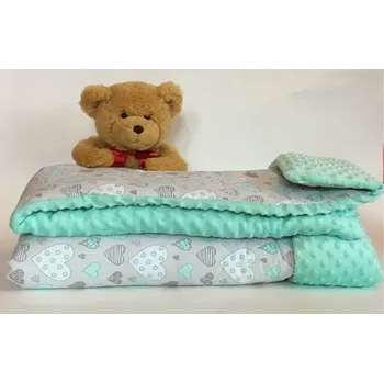 Dětská deka Prošitá deka s polštářem MINKY - Zelená - srdíčka