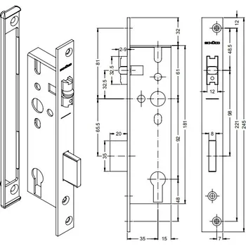Dveřní kování SCHUCO SCHÜCO Dveřní zámek válečkový pro AL dveře P/L - S241259/S241260 Strana pantů ( při pohledu na panty ): Pravá, Otevíravost dveří: Ven