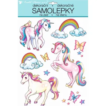 Samolepící dekorace Dětská samolepicí dekorace na stěnu jednorožci a motýli s glitry 10267 / Samolepky pro děti ( 35 x 27 cm ) Room Decor