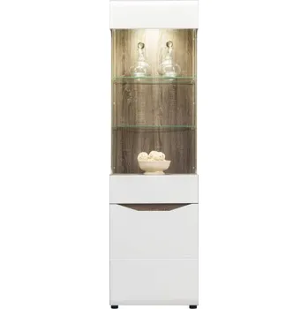 Obývací stěna Vitrína LIONEL 6 - dub sonoma truflový/bílý lesk - s osvětlením led