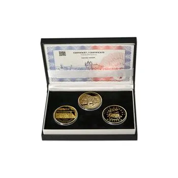 JIZERSKÝ MOST NA TRATI TANVALD-HARACHOV – návrhy mince 5000 Kč sada tří Au medailí 1/2 Oz Proof