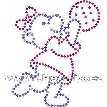 D002 - nažehlovací potisk z hot-fix kamínků medvědí holka, rozměry cca 7,7x9,3cm barva: polobroušené kameny barva 101 Crystal /stříbrná a 103 Siam /červená