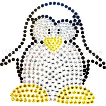 D064 - tučňák nažehlovací potisk z hot-fix kamínků, rozměry cca 8,5x8,3cm barva: polobroušené kameny barva 101 Crystal /stříbrná+112 Citrine /žlutá+124 Jet /černá