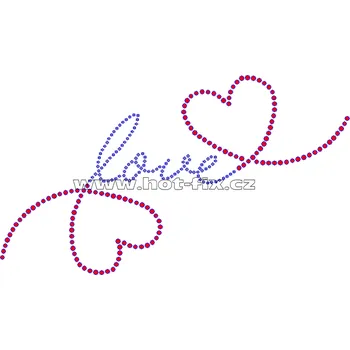 VAL010 - nažehlovací kamínkový potisk Love, rozměry cca 21,1x12,0cm barva: polobroušené kameny barva 101 Crystal /stříbrná a 103 Siam /červená