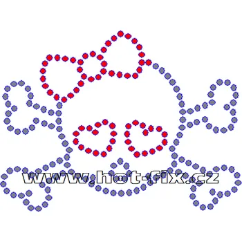 SL006 - nažehlovací potisk z hot-fix kamínků lebka s mašlí, rozměry cca 11,4x8,6cm barva: polobroušené kameny barva 101 Crystal /stříbrná a 103 Siam /červená