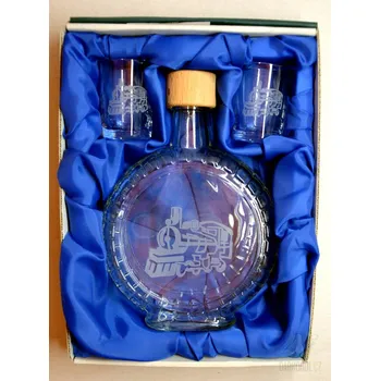 Souprava pískovaná láhev budík+2 panáky Vlak