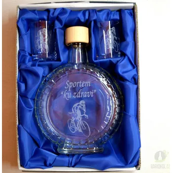 Souprava pískovaná láhev budík+2 panáky Cyklista