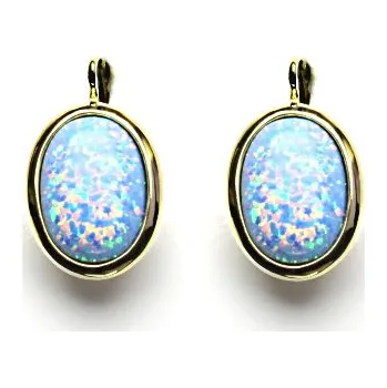 Náušnice Zlaté náušnice, syntetický světle modrý opál, žluté zlato, NK 1454