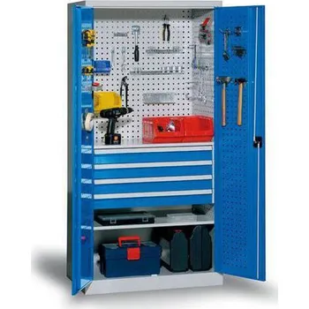 Skříňka na nářadí Kovová dílenská skříň se 4 zásuvkami, 195 x 95 x 60 cm, šedá/modrá
