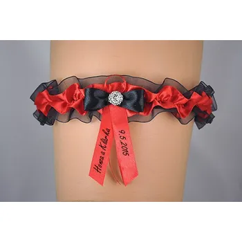 Podvazkový pás Černo-červený podvazek s mašličkou a potiskem