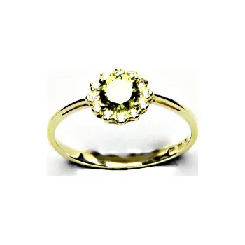 Prsten Zlatý prsten, žluté zlato, zirkon olivín, čiré zirkony, T 1495