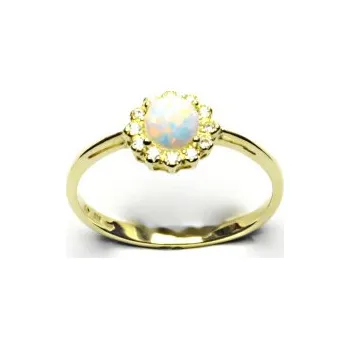Prsten Zlatý prsten, žluté zlato, bílý syntetický opál, čiré zirkony, T 1495