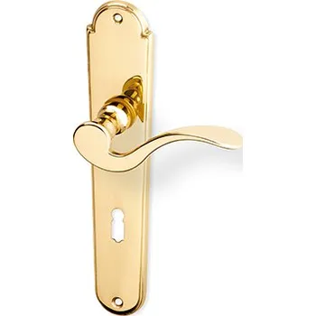 Dveřní kování Dveřní kování KAMPA mosaz (Štítové mosazné kování s tvarovaným štítem a klikou. Pro dozický, cylindrický zámek, nebo s uzamykací páčkou na WC.)